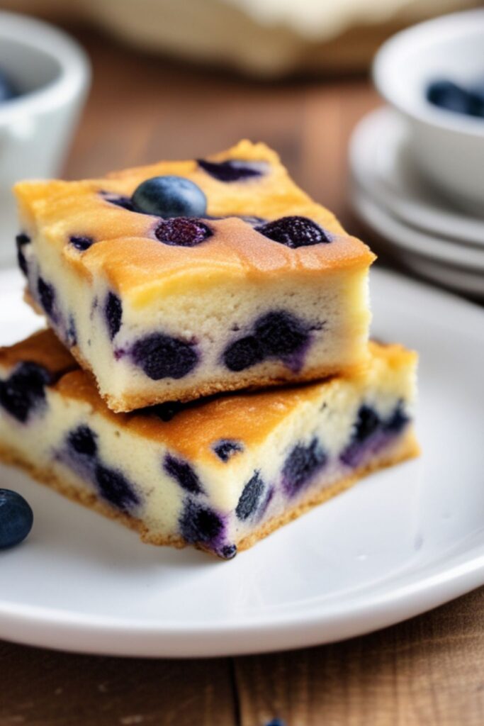 Blueberry squares on a white plate on a table.