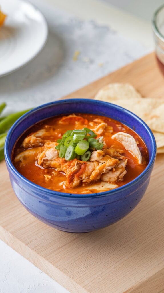 Bowl of Chicken Enchilada soup with green onions and chips on top.