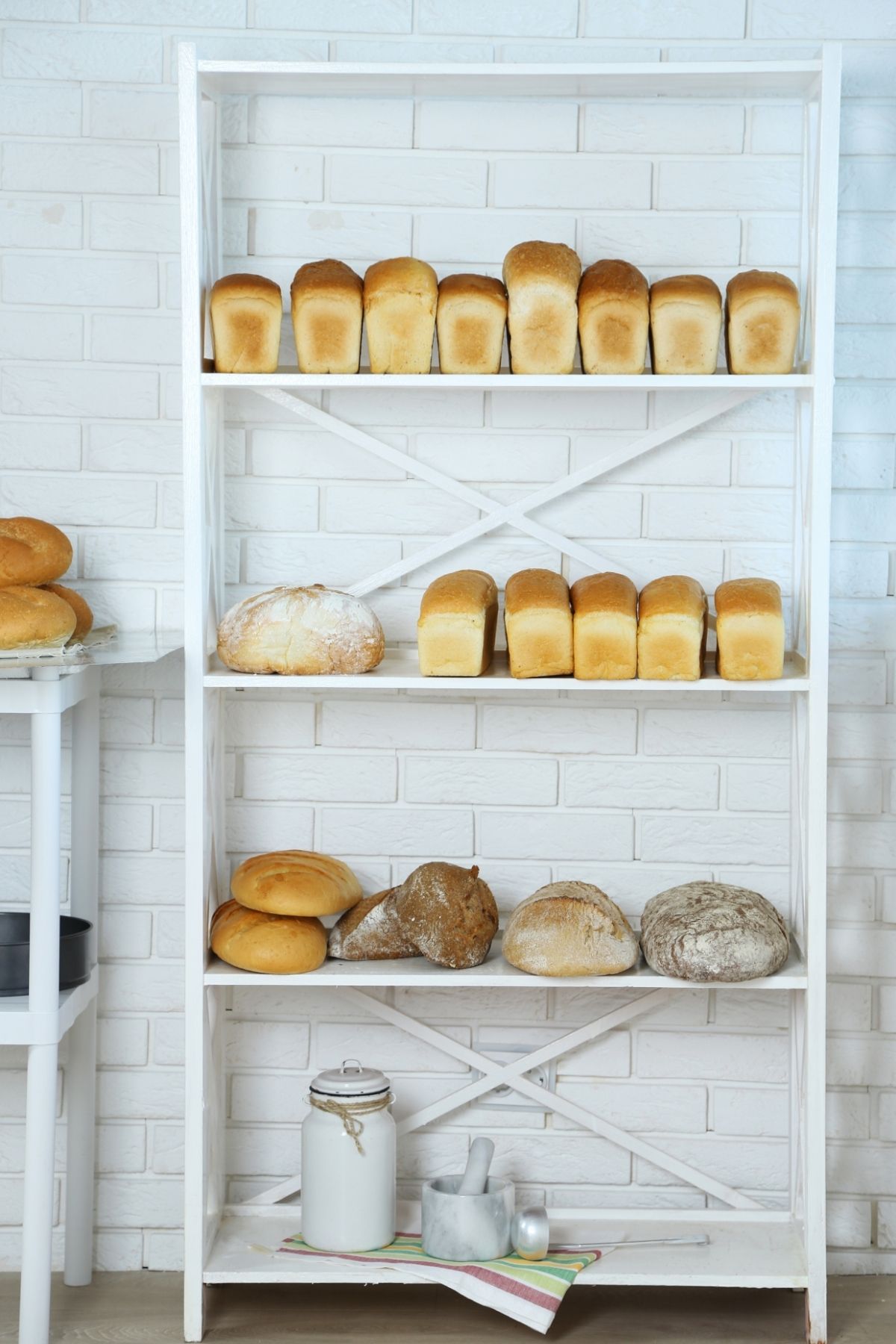 Bread stored on a shelf.